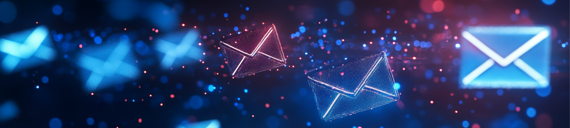 Digital illustration of floating e-mail icons with neon lighting.